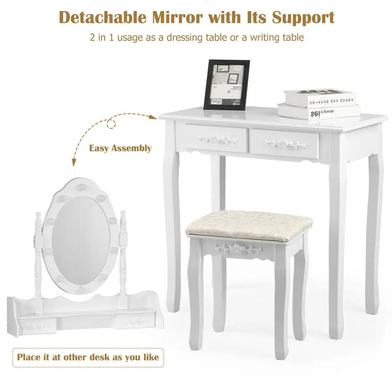 Makeup Vanity Dressing Table Set with Dimmable Bulbs Cushioned Stool by DirectDeals
