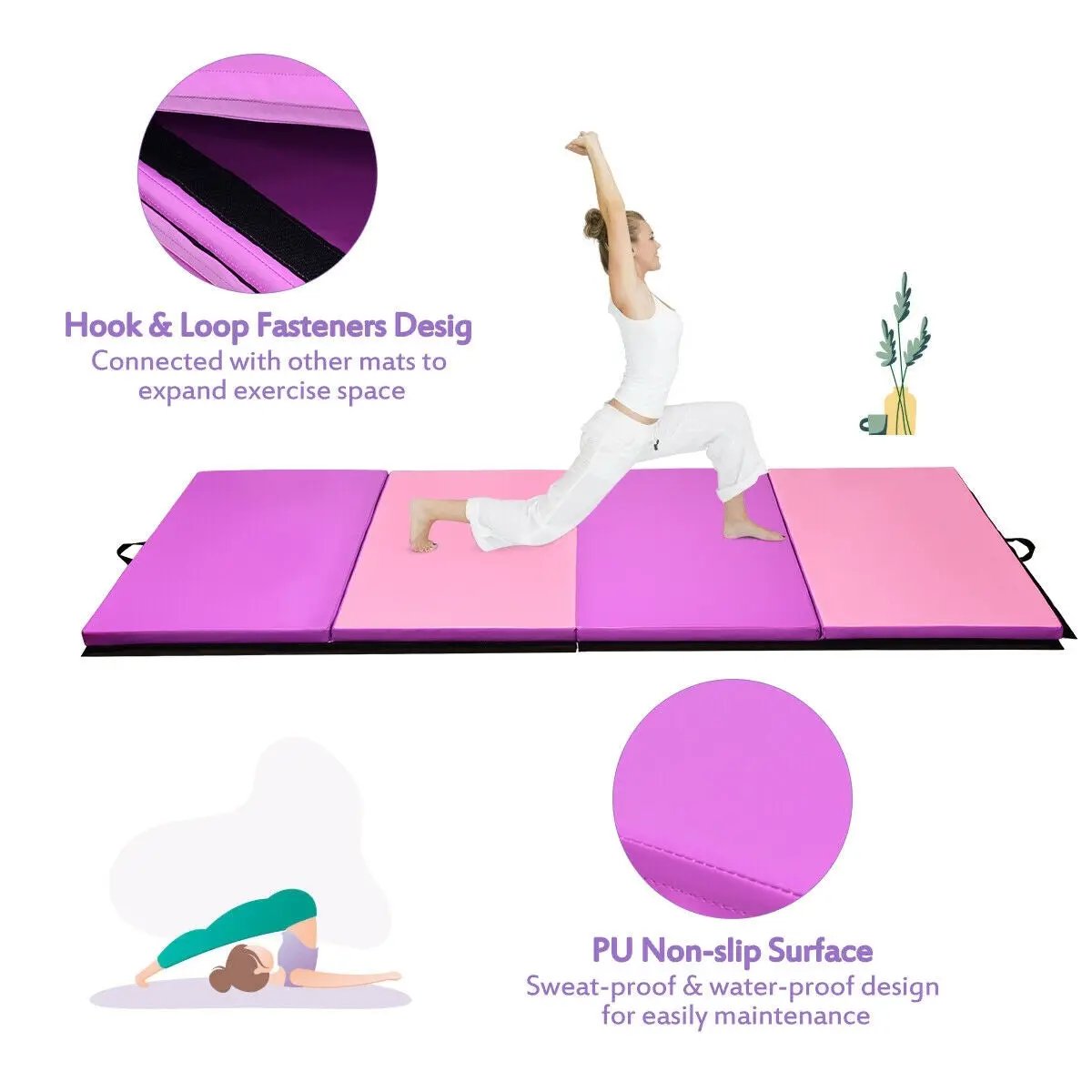 4 Feet x 10 Feet Thick Folding Panel Gymnastics Mat-Pink & Purple by DirectDeals
