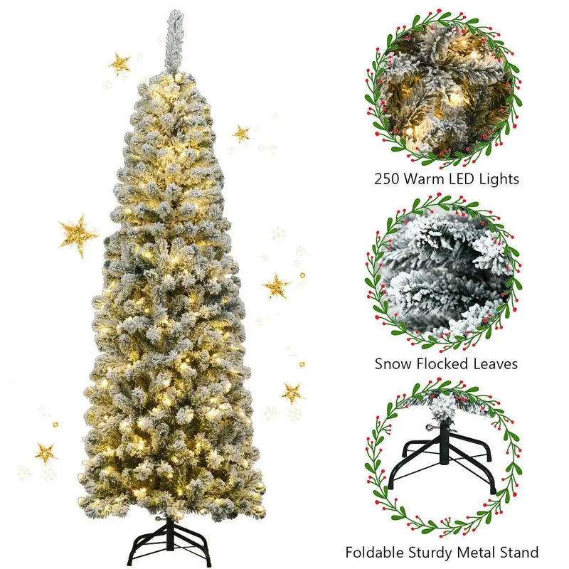6 Feet Pre-lit Snow Flocked Artificial Pencil Christmas Tree with 250 LED Lights by DirectDeals