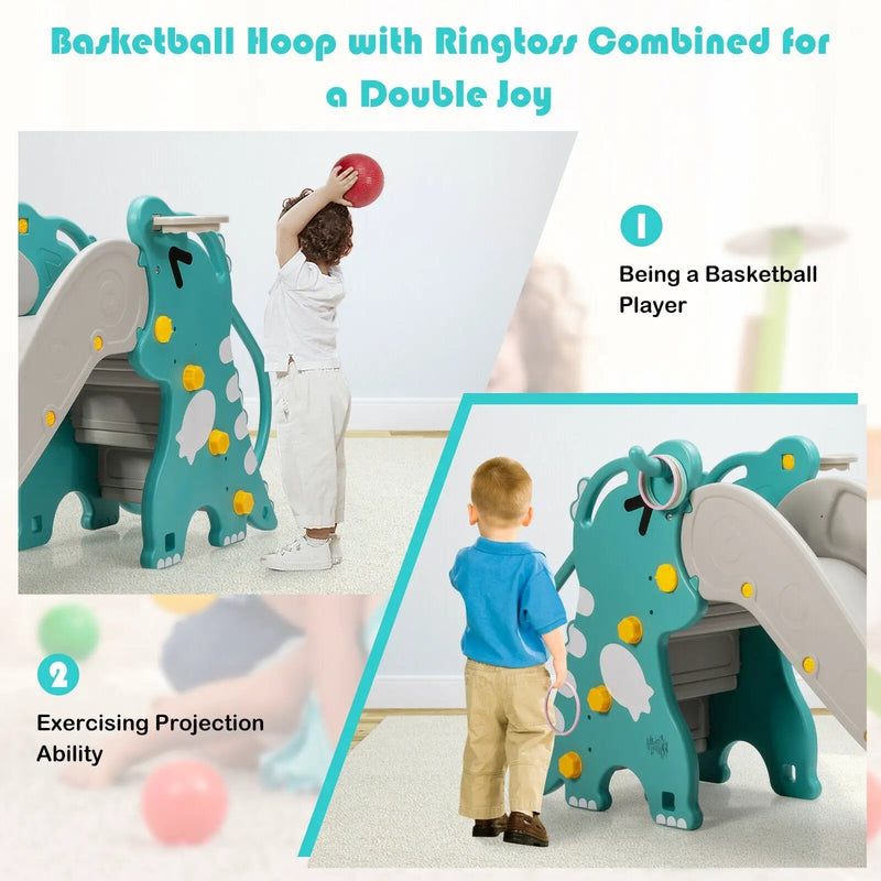 4-in-1 Kids Climber Slide Play Set with Basketball Hoop-Green by DirectDeals
