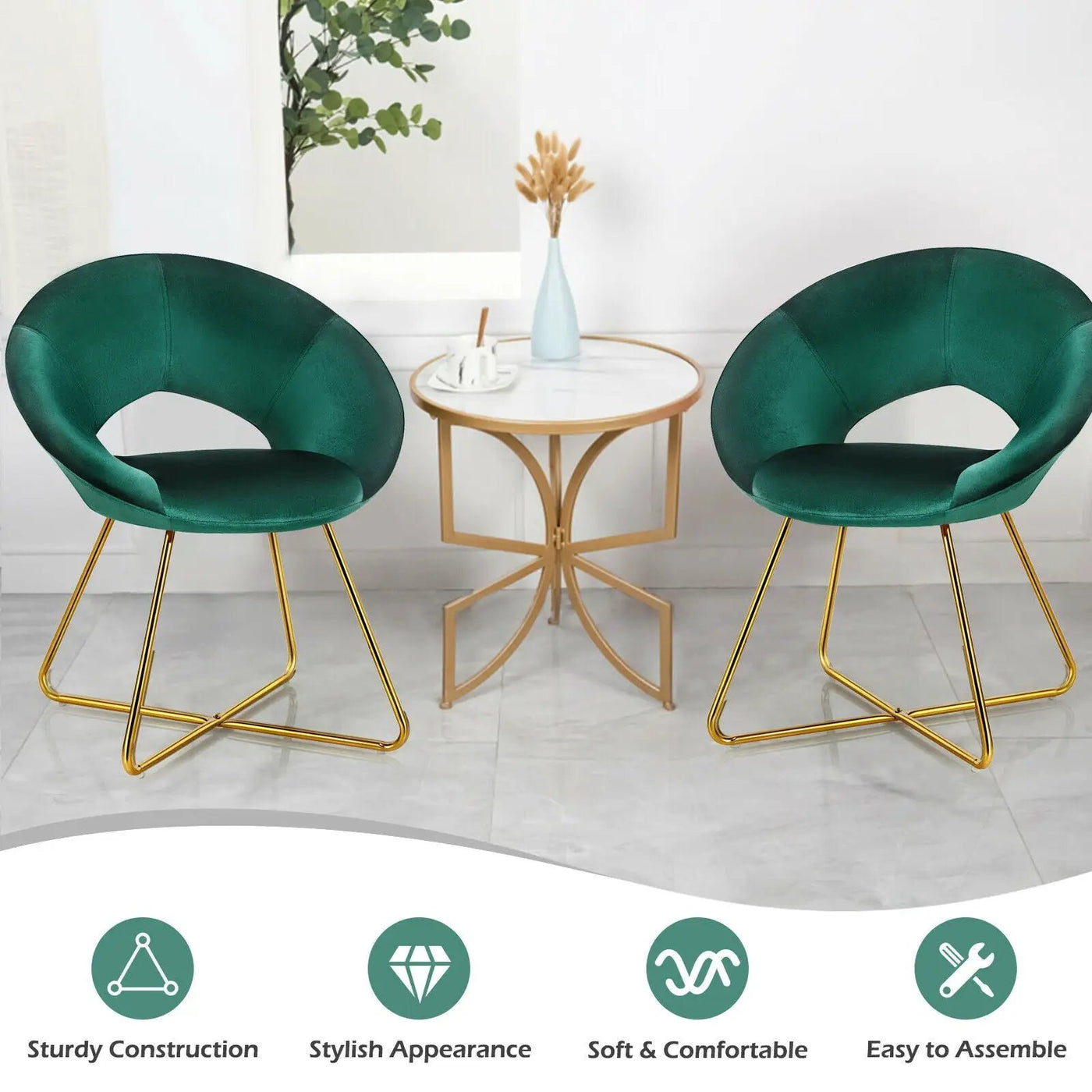 Modern Accent Velvet Dining Arm Chair with Golden Metal Legs and Soft Cushion by DirectDeals