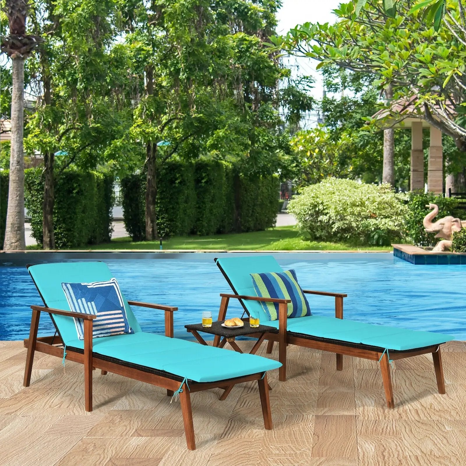 3 Pieces Portable Patio Cushioned Rattan Lounge Chair Set with Folding Table by DirectDeals
