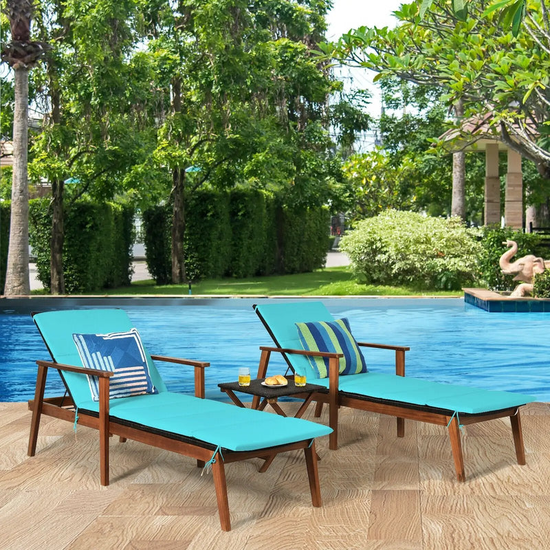 3 Pieces Portable Patio Cushioned Rattan Lounge Chair Set with Folding Table by DirectDeals