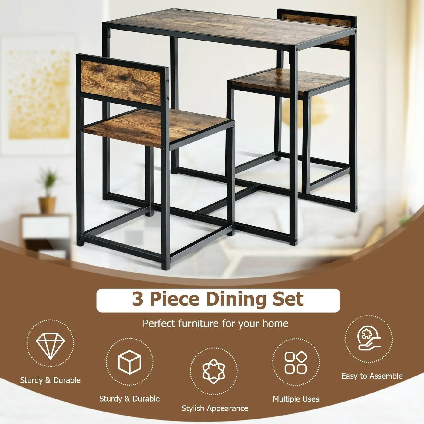3 Pcs Dining Set Compact Table and 2 Chair with Metal Frame for for Small Space by DirectDeals