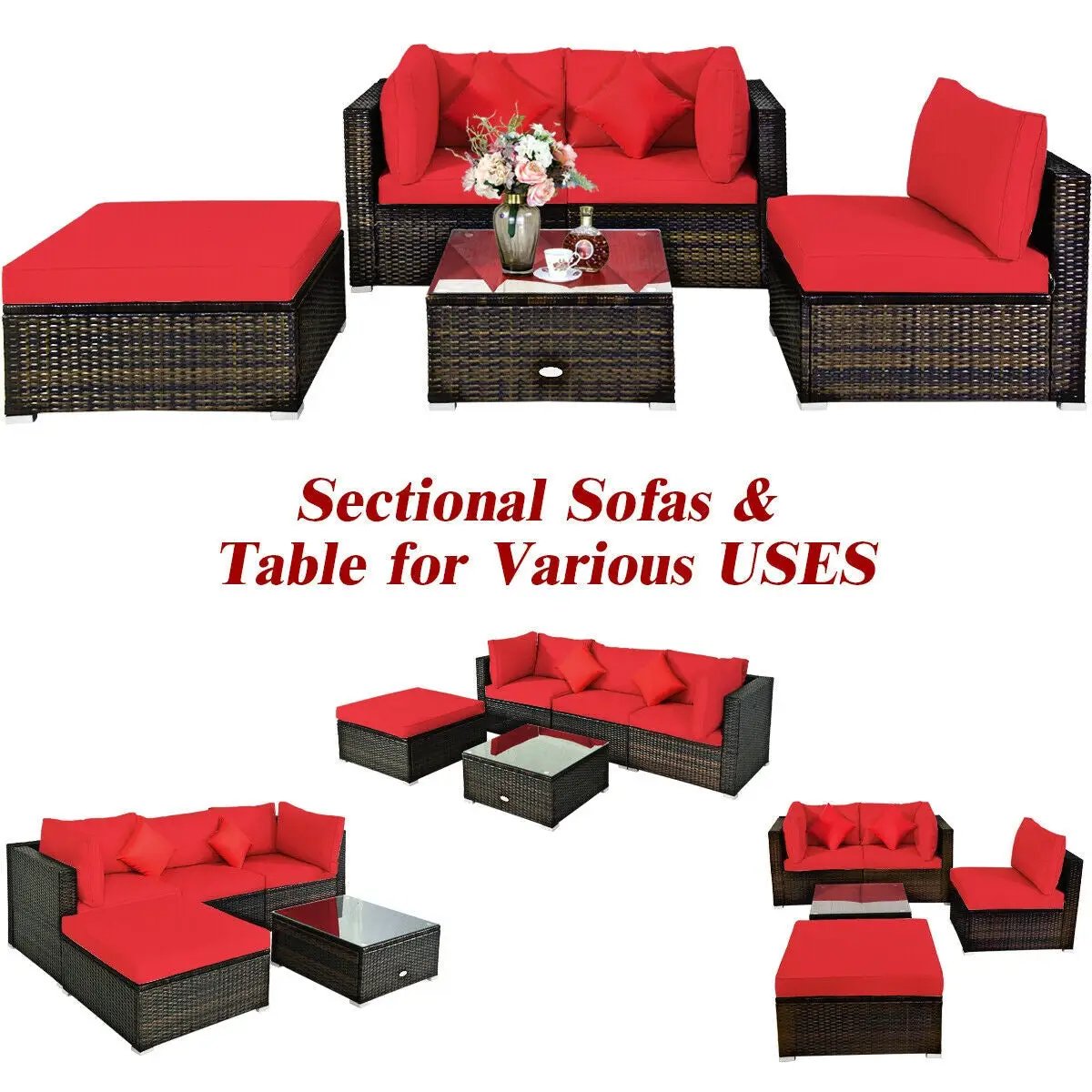 5 Pcs Outdoor Patio Rattan Furniture Set Sectional Conversation with Navy Cushions-Turquoise by DirectDeals