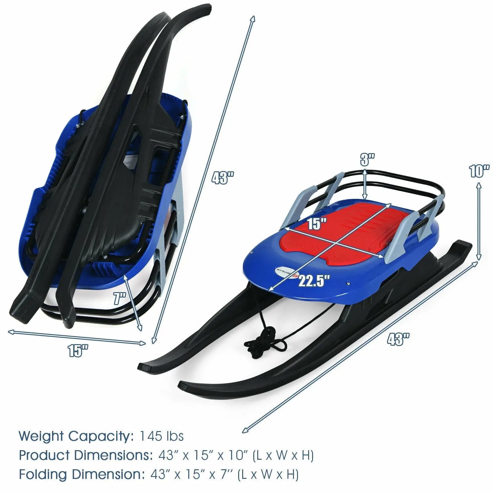 Folding Kids' Metal Snow Sled with Pull Rope Snow Slider and Leather Seat by DirectDeals