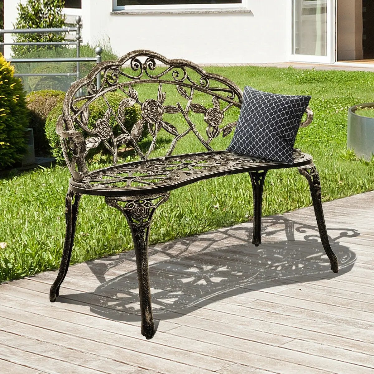 Outdoor Cast Aluminum Patio Bench Antique Rose, photo 12 of 16