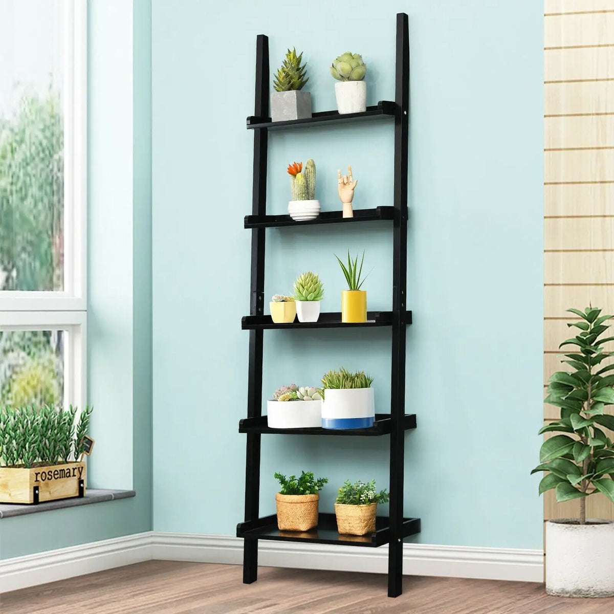 5-Tier Wall-leaning Ladder Shelf Display Rack for Plants and Books, photo 4 of 16
