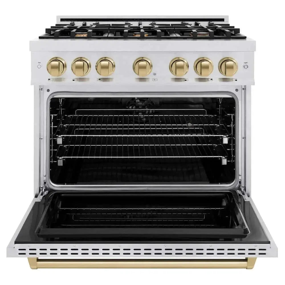 ZLINE 36" Classic Gas Range, Convection Gas Oven DuraSnow® Stainless Steel, Champagne Bronze CGRSZ-36-CB by Farmhouse Kitchen and Bath