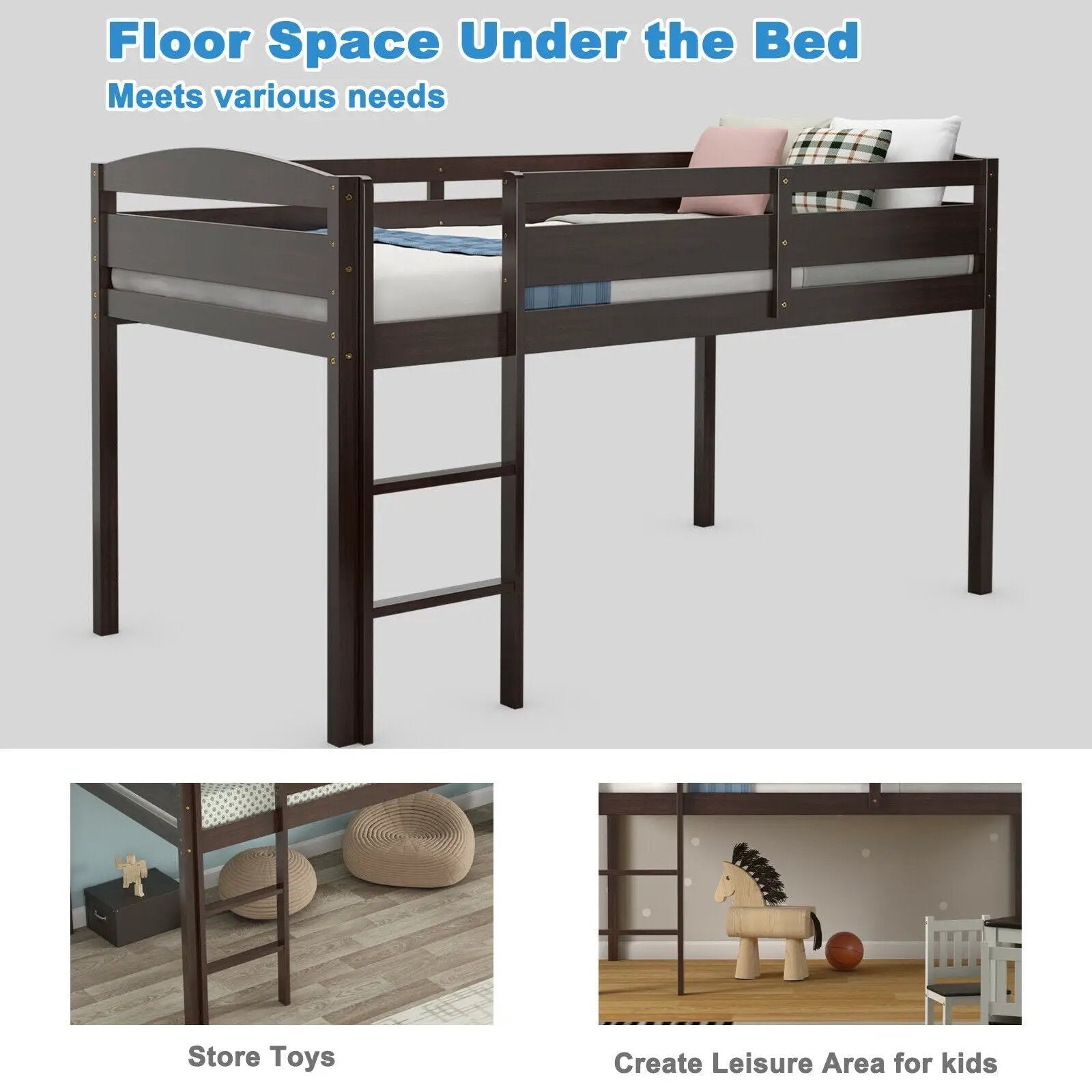 Wooden Twin Low Loft Bunk Bed with Guard Rail and Ladder by DirectDeals