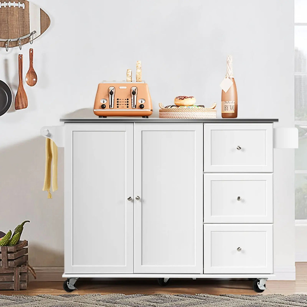 Kitchen Island 2-Door Storage Cabinet with Drawers and Stainless Steel Top, photo 20 of 24