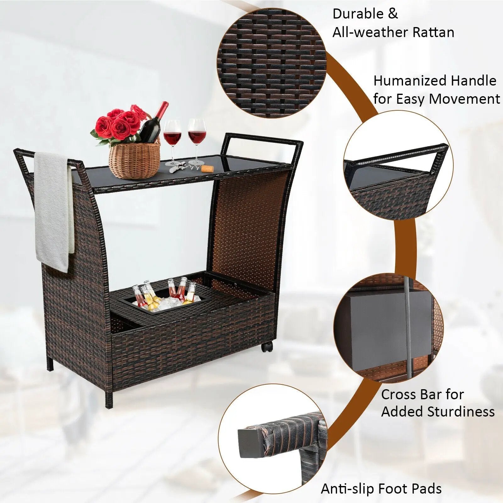 Patio Rattan Bar Serving Cart with Glass Top and Handle by DirectDeals