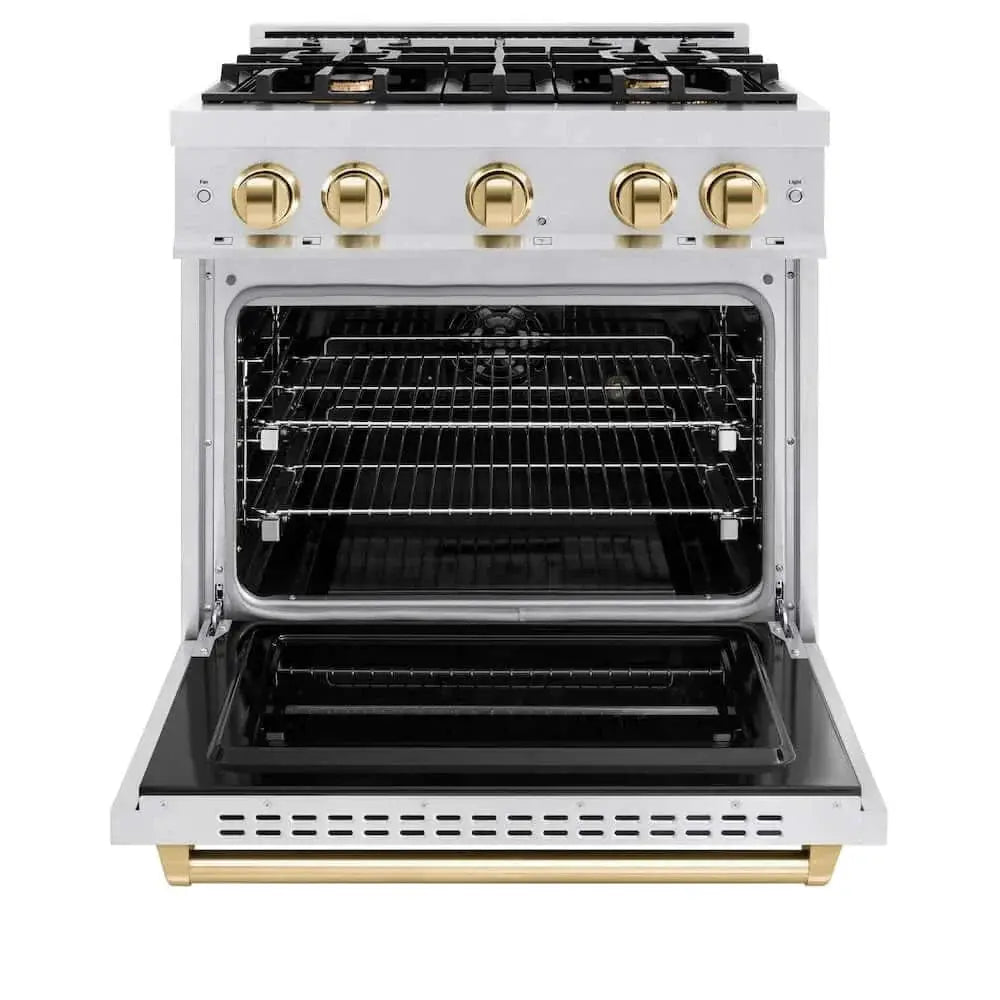 ZLINE 30" Dual Fuel Range, Gas Cooktop, Electric Convection Oven DuraSnow® Stainless Steel, Gold CDRSZ-30-G by Farmhouse Kitchen and Bath