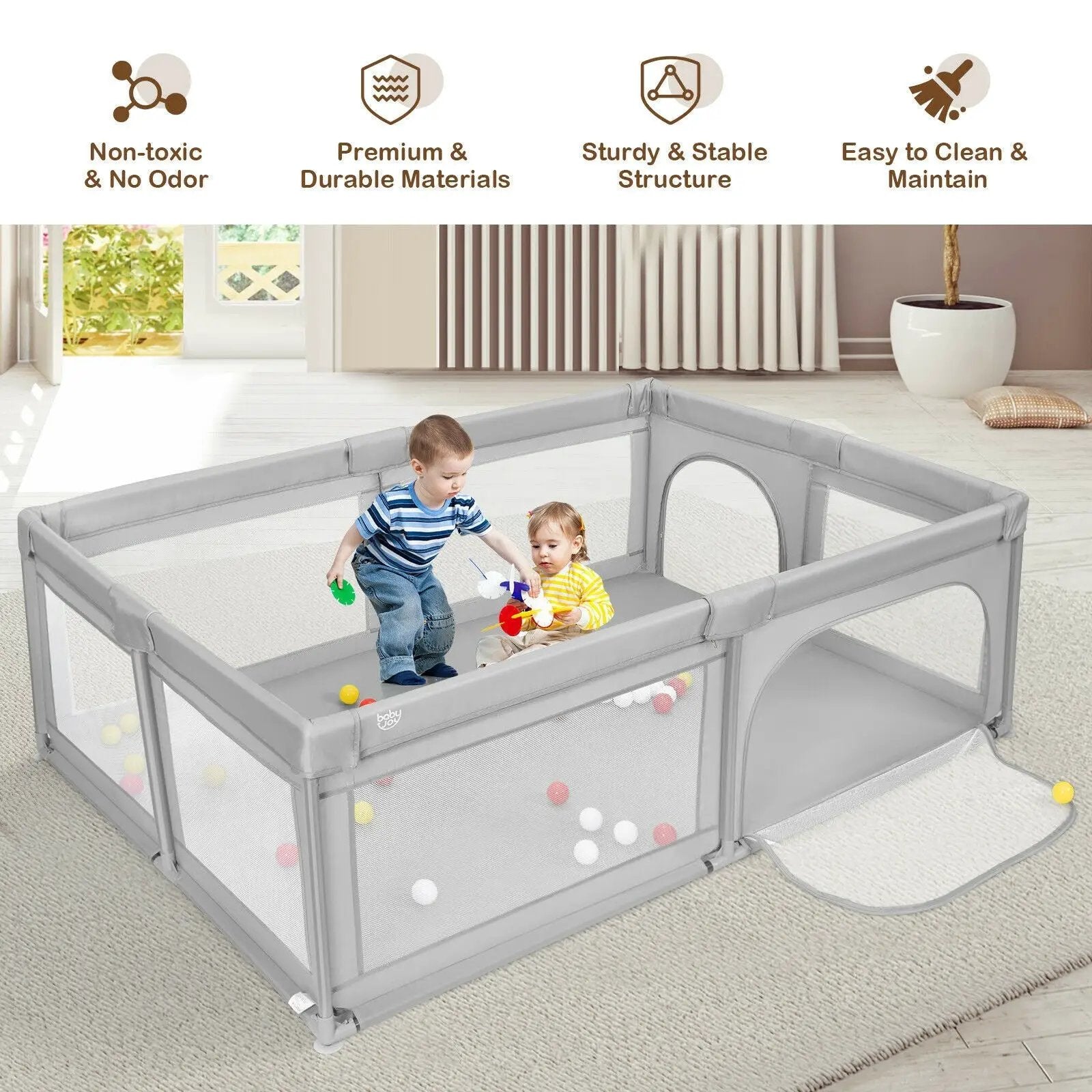Extra-Large Safety Baby Fence with 50 Ocean Balls-Gray by DirectDeals