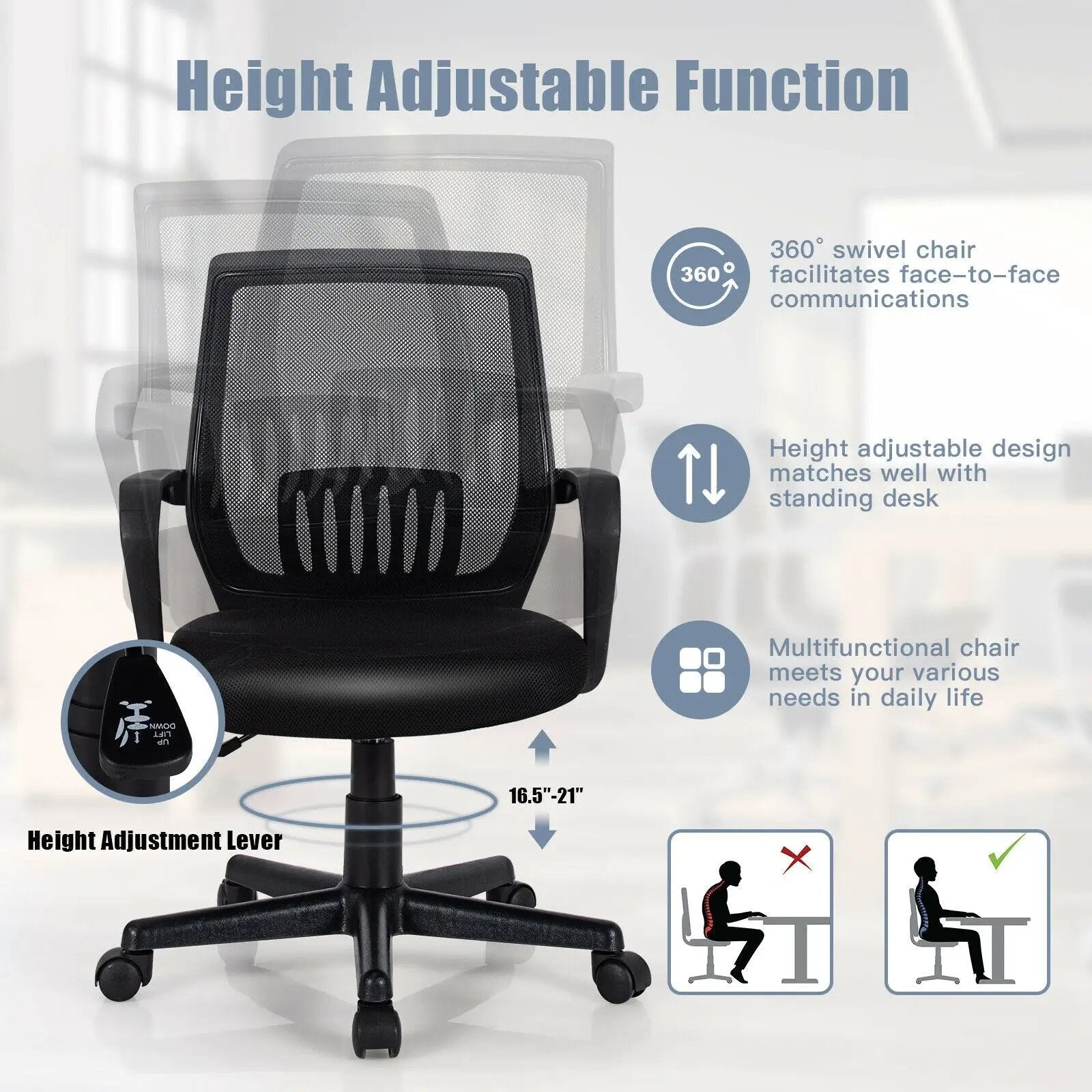 Mid-Back Mesh Height Adjustable Executive Chair with Lumbar Support by DirectDeals
