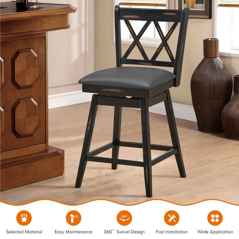 2 Pieces 24 Inch Swivel Counter Height Barstool Set with Rubber Wood Legs by DirectDeals