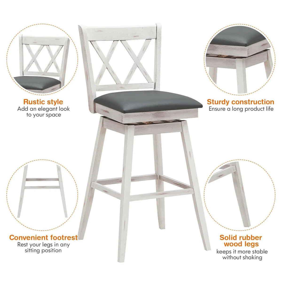 2 Pieces 29 Inches Swivel Counter Height Barstool Set with Rubber Wood Legs, photo 5 of 9