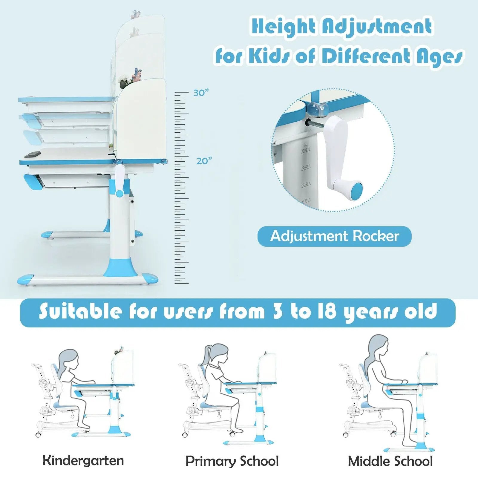 Adjustable Height Study Desk with Drawer and Tilted Desktop for School and Home by DirectDeals