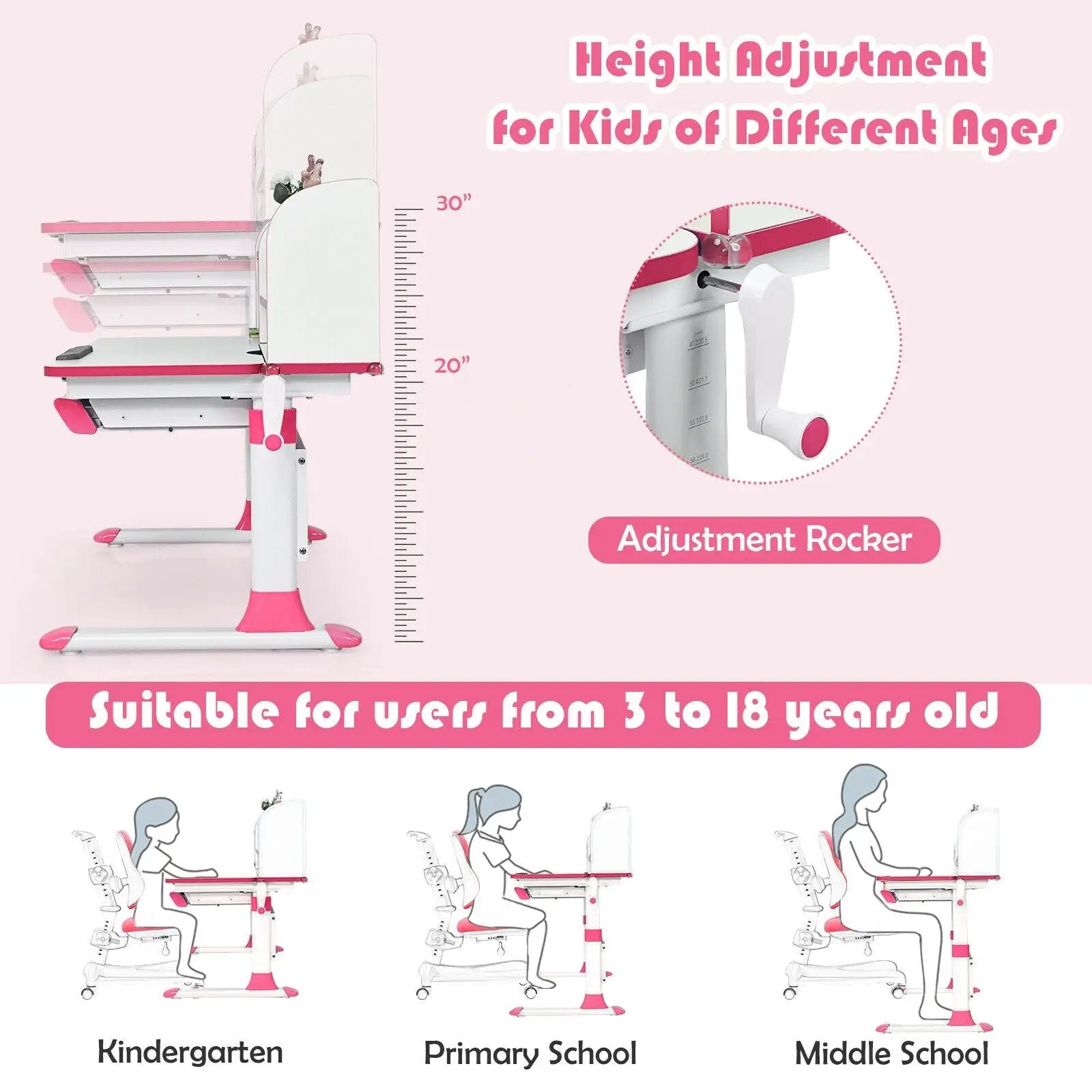 Adjustable Height Study Desk with Drawer and Tilted Desktop for School and Home by DirectDeals
