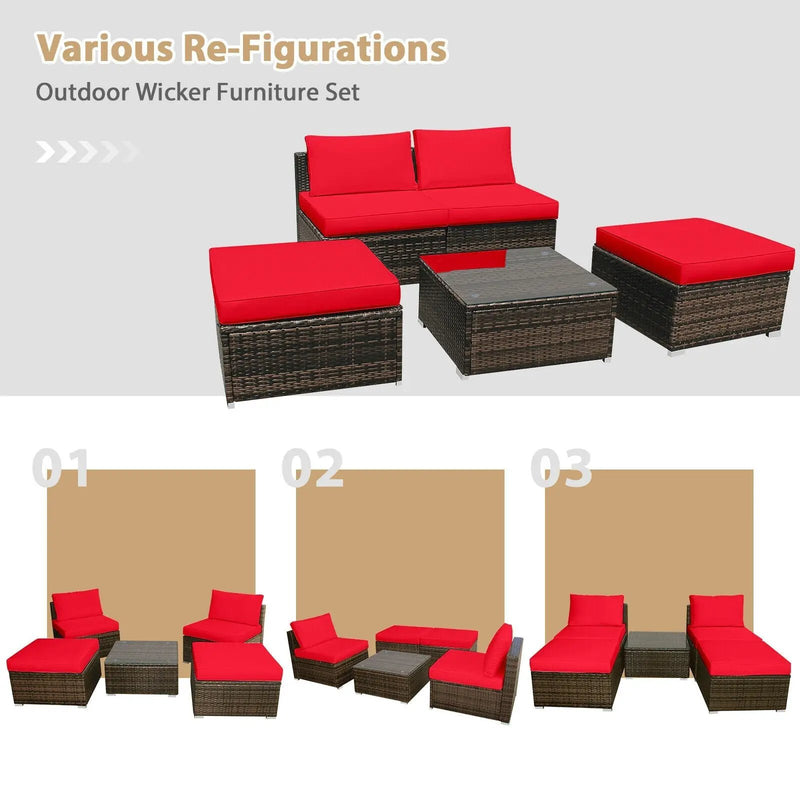 5 Pieces Patio Rattan Furniture Set with Cushioned Armless Sofa by DirectDeals