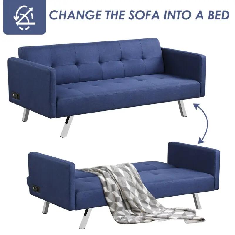 3 Seat Convertible Linen Fabric Futon Sofa with USB and Power Strip by DirectDeals