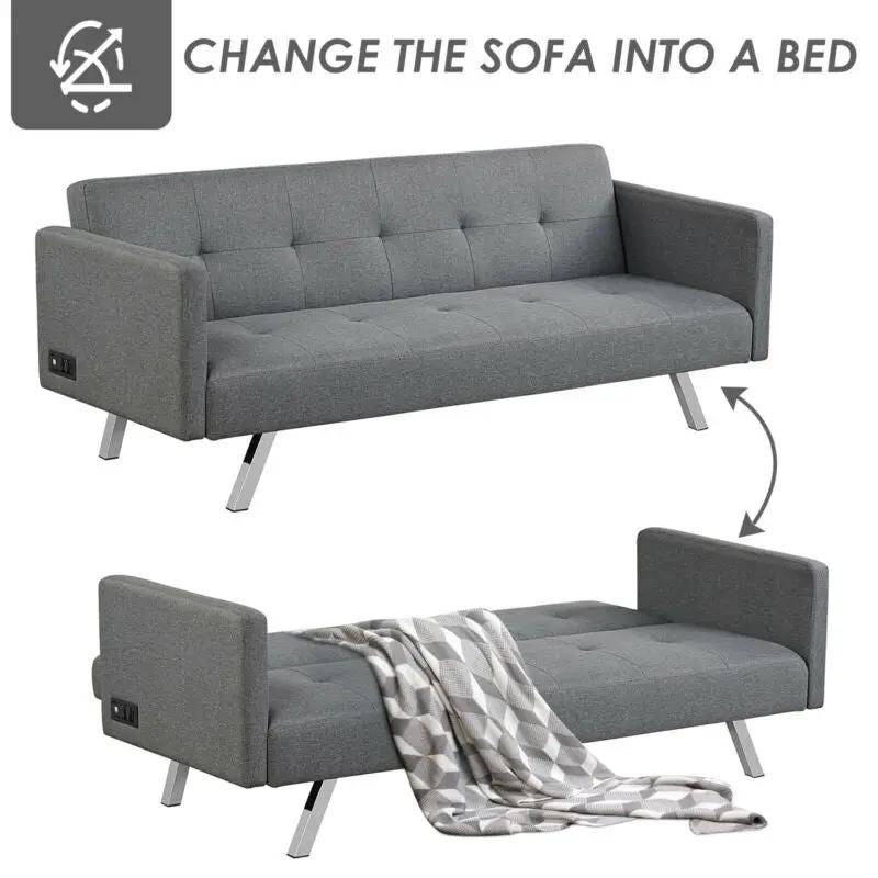 3 Seat Convertible Linen Fabric Futon Sofa with USB and Power Strip by DirectDeals
