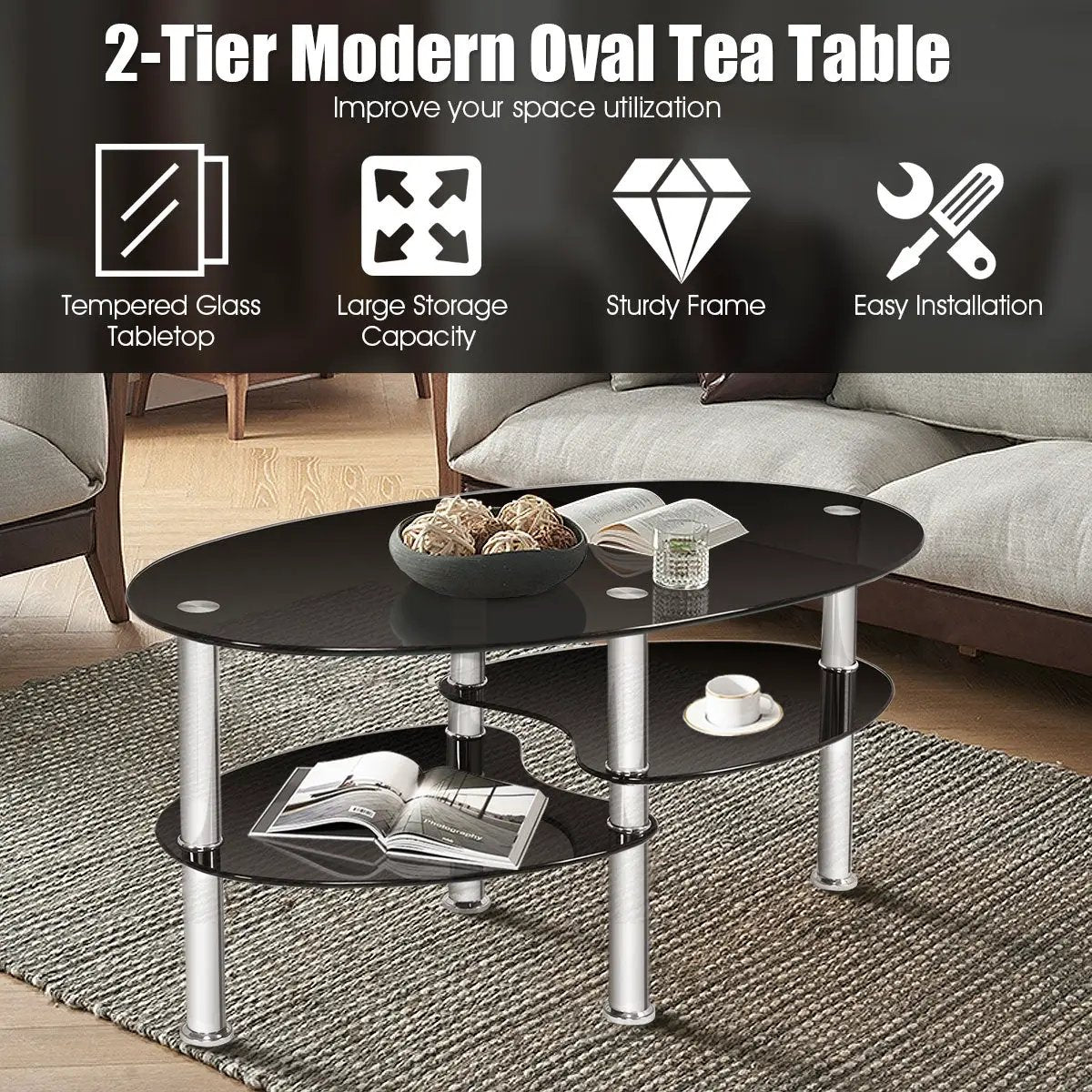 Tempered Glass Oval Side Coffee Table by DirectDeals