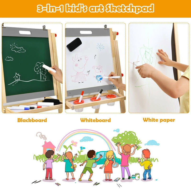 Kids Art Easel with Paper Roll Double Sided Chalkboard and Whiteboard-Gray by DirectDeals