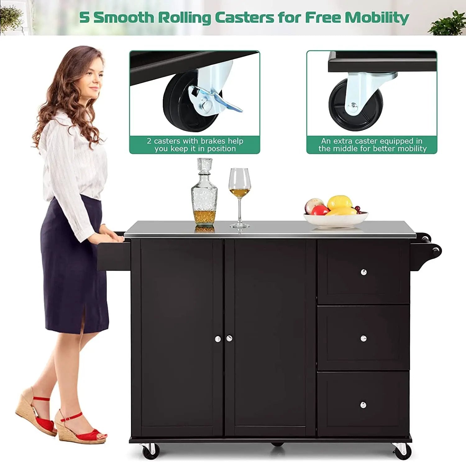 Kitchen Island 2-Door Storage Cabinet with Drawers and Stainless Steel Top by DirectDeals