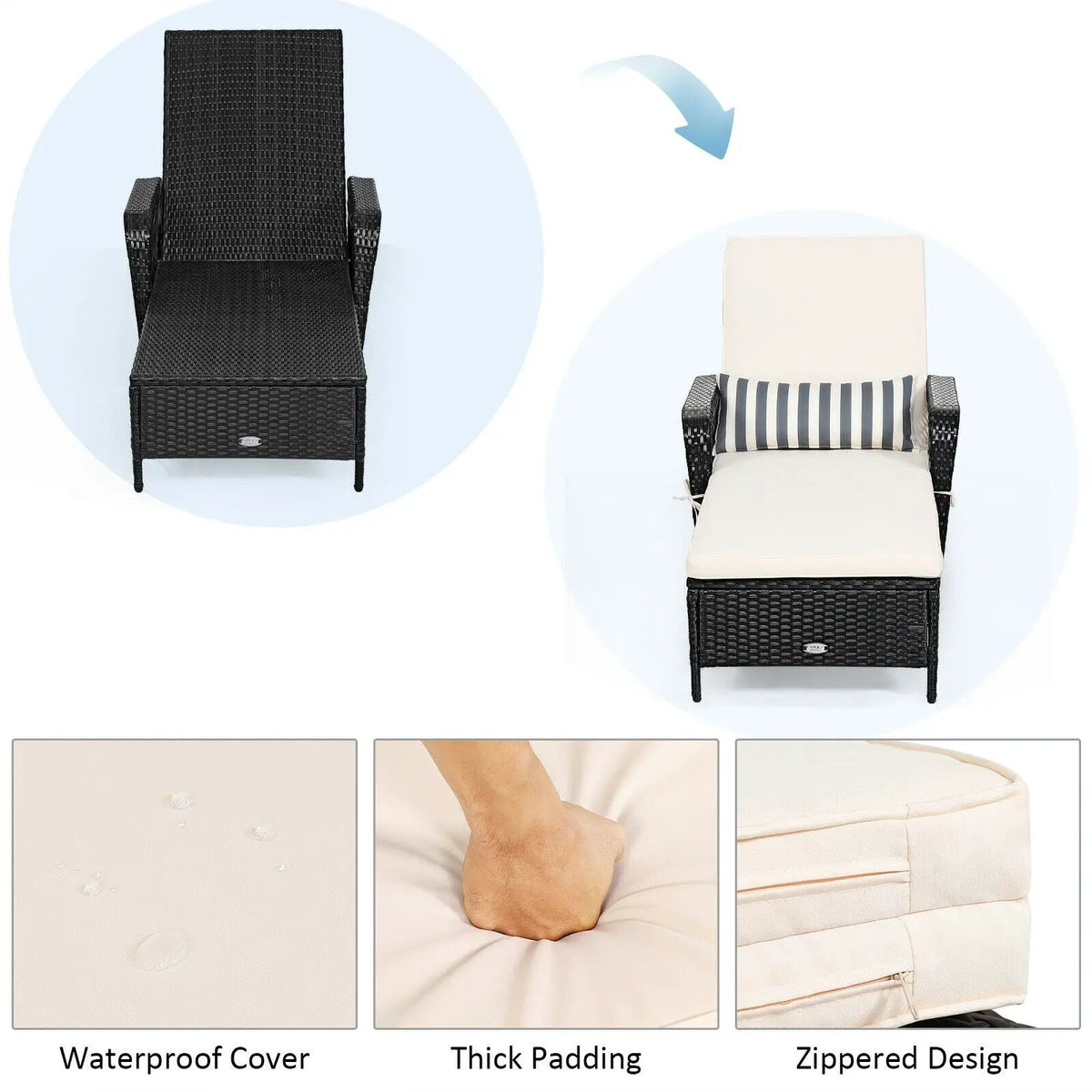 Patio Wicker Chaise Lounge Chair with Pillow and Adjustable Backrest with Cushion-Black, photo 13 of 16