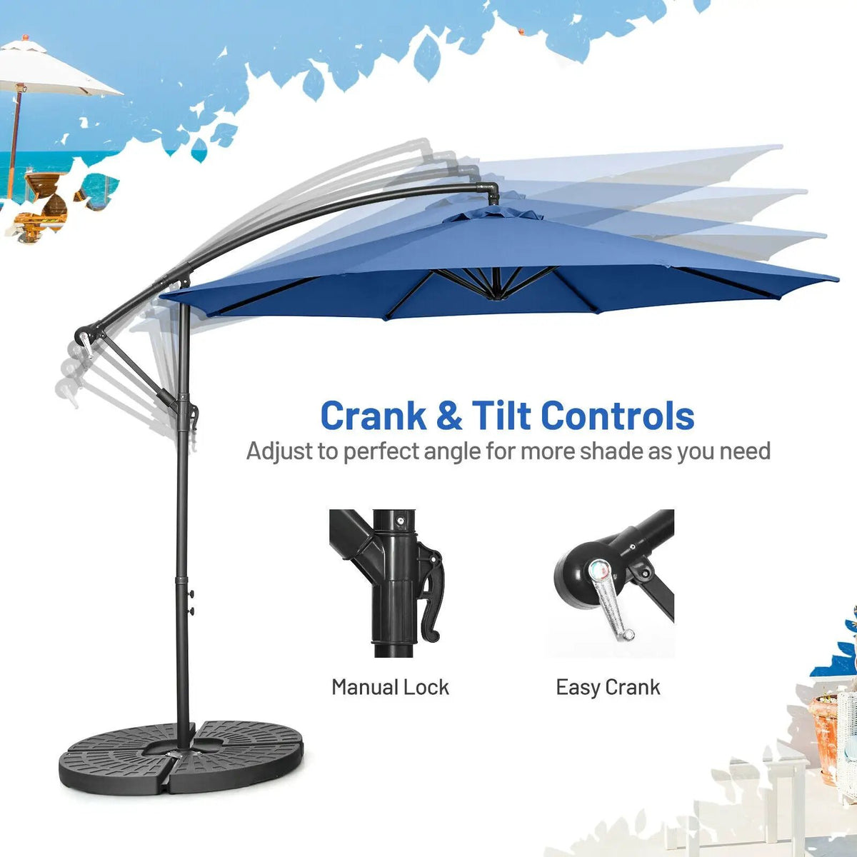 10 Feet Offset Umbrella with 8 Ribs Cantilever and Cross Base, photo 6 of 12