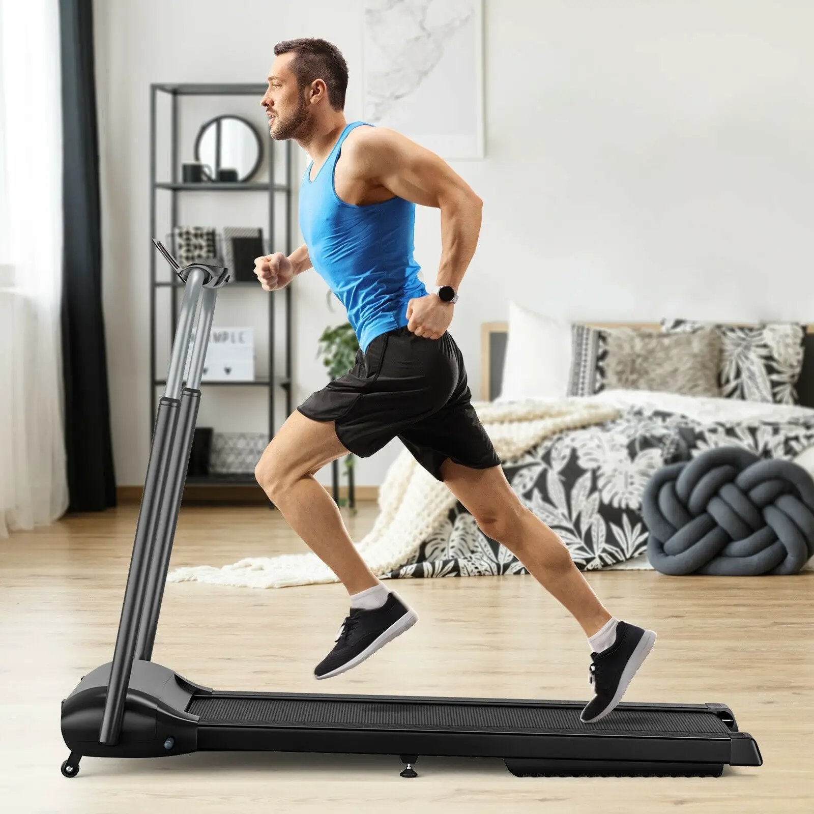 Compact Folding Treadmill with Touch Screen APP Control-Black by DirectDeals
