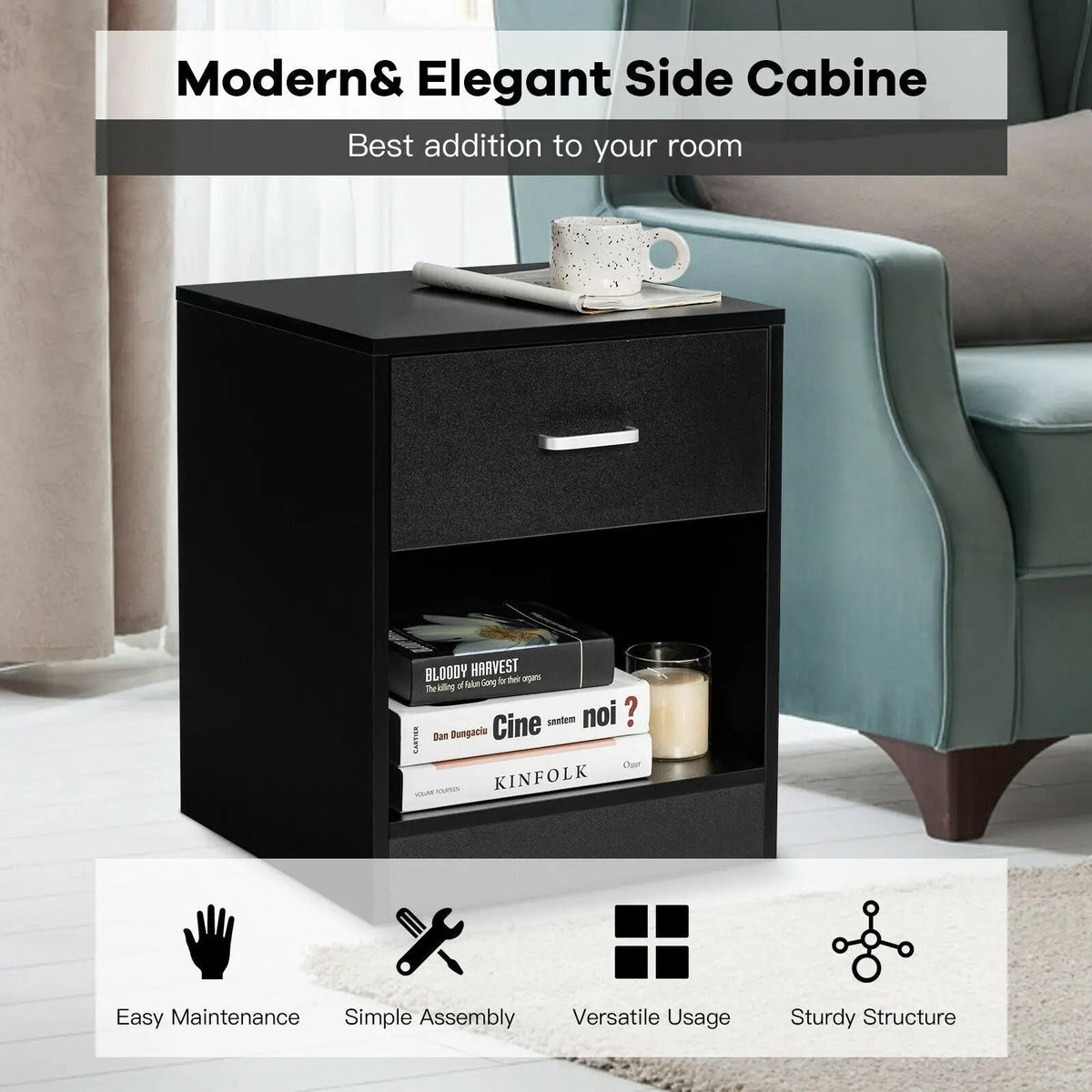 2 Pieces Nightstand with Storage Drawer and Cabinet, photo 4 of 16
