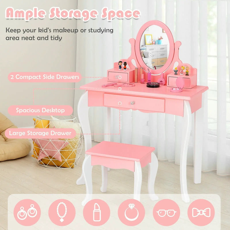 Kids Vanity Princess Makeup Dressing Table Stool Set with Mirror and Drawer by DirectDeals