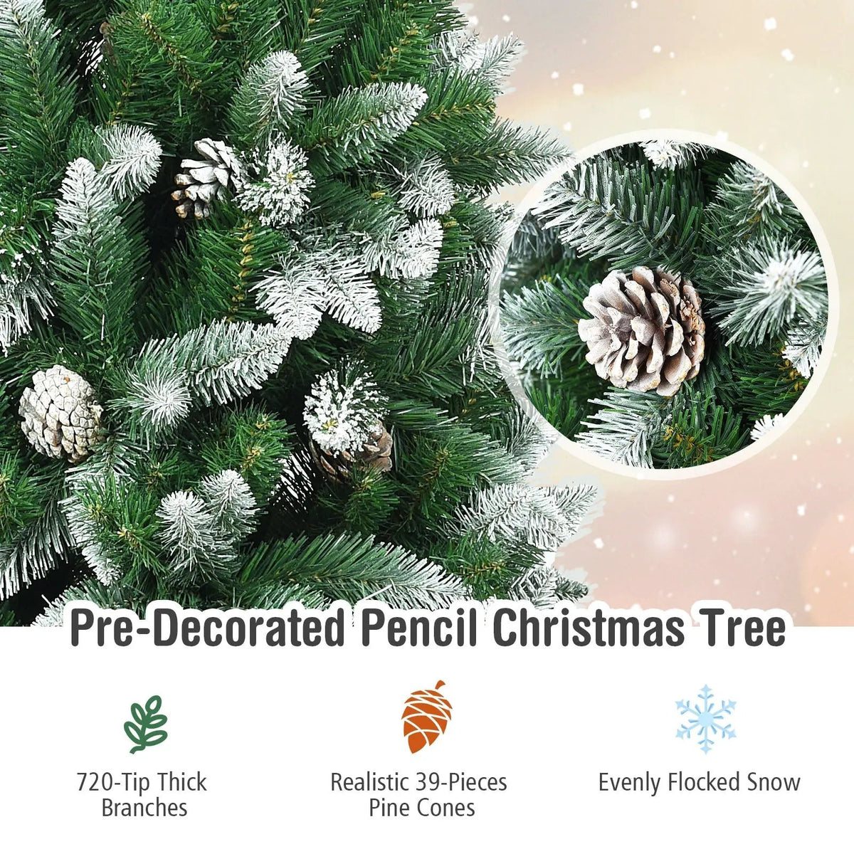 5/6/7.5 Feet Artificial Pencil Christmas Tree with Pine Cones, photo 7 of 24