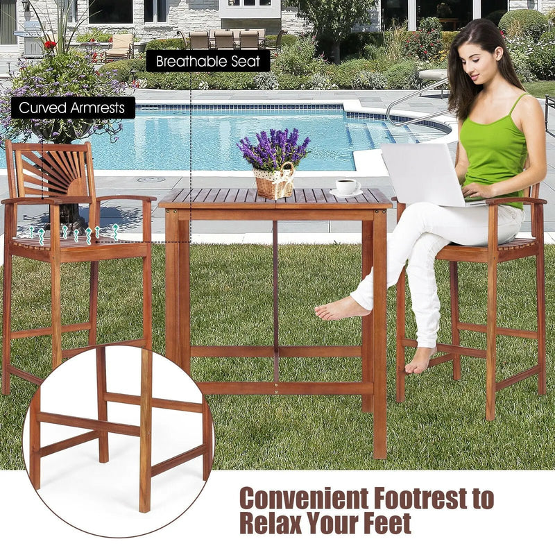 3 Pieces Acacia Wood Patio Bar Set with Sunflower Patterned Backrest by DirectDeals