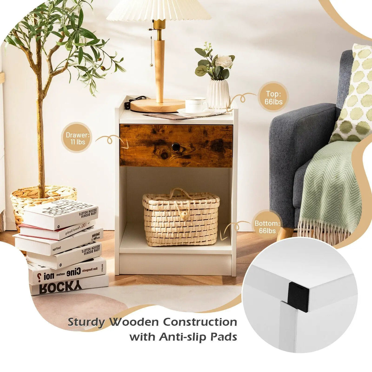 Set of 2 Nightstand with Drawer Cabinet End Side Table Raised Top, photo 7 of 10