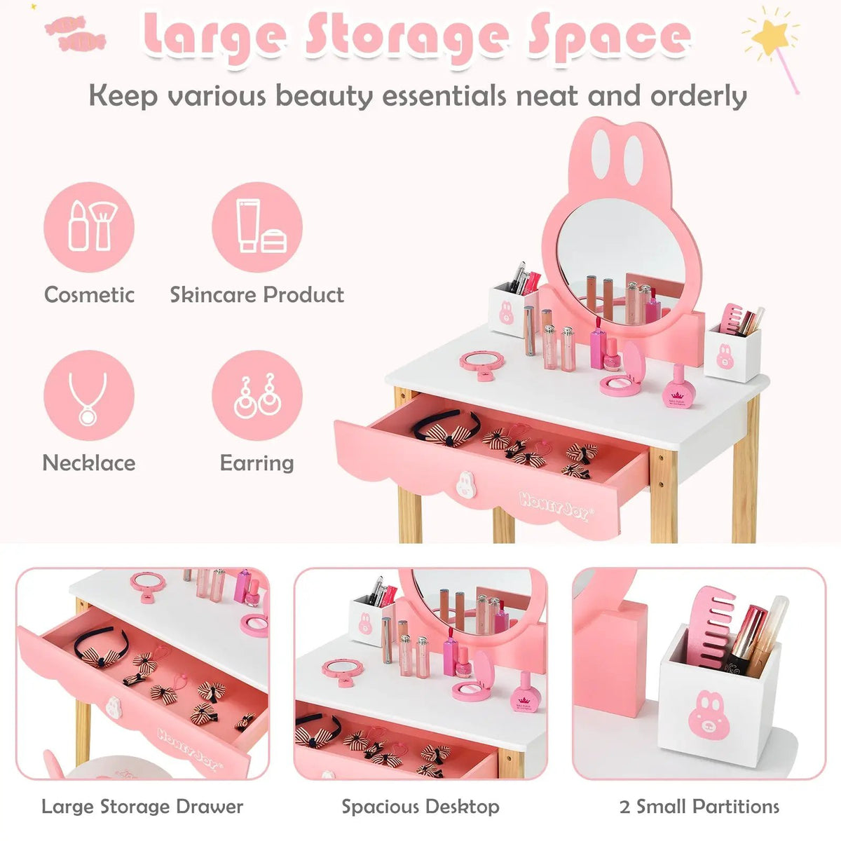 Kids Vanity Set Rabbit Makeup Dressing Table Chair Set with Mirror and Drawer, photo 5 of 9