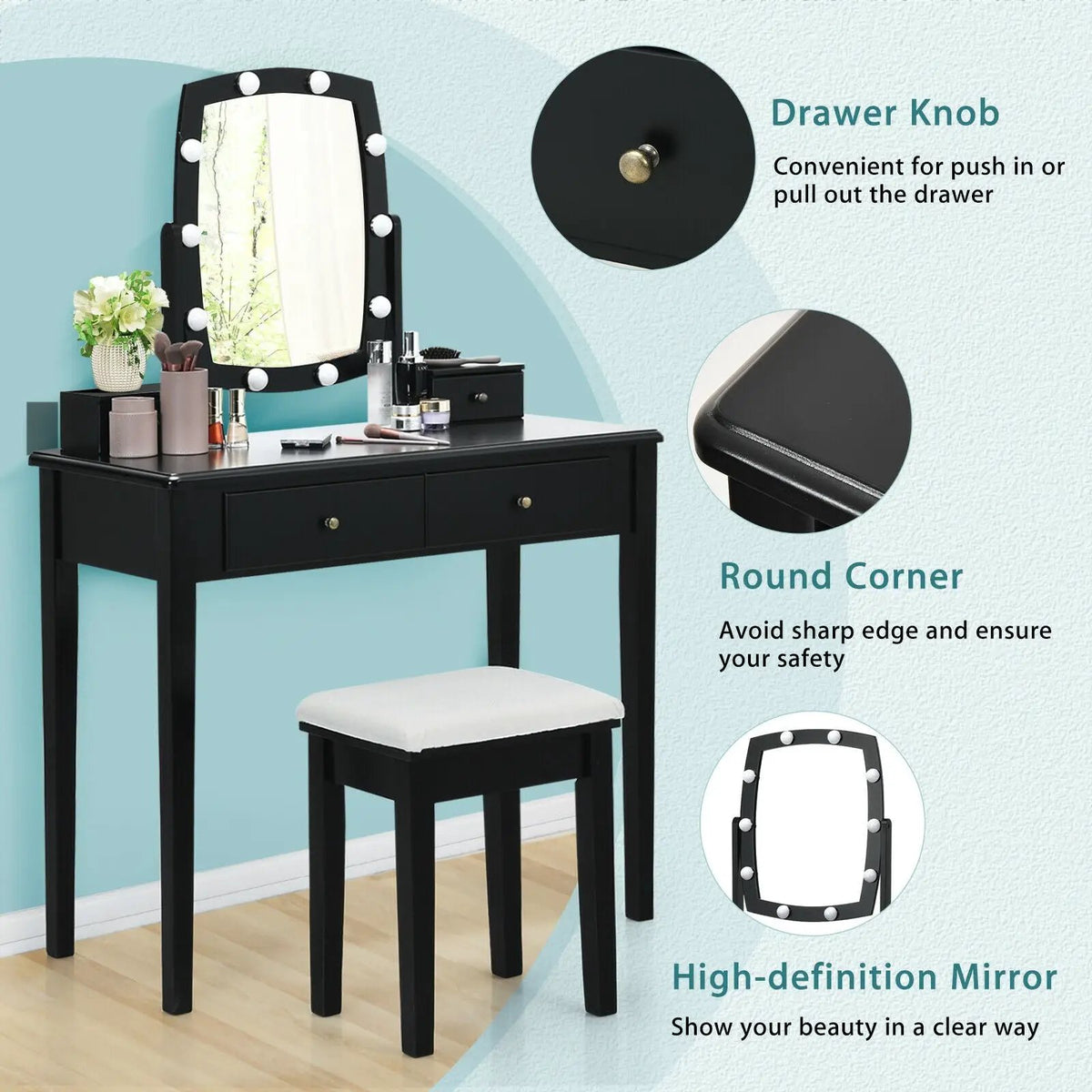 Vanity Table Set with Lighted Mirror for Bedroom and Dressing Room, photo 5 of 9