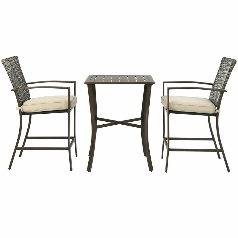 3 Pieces Rattan Bar Furniture Set with Slat Table and 2 Cushioned Stools by DirectDeals
