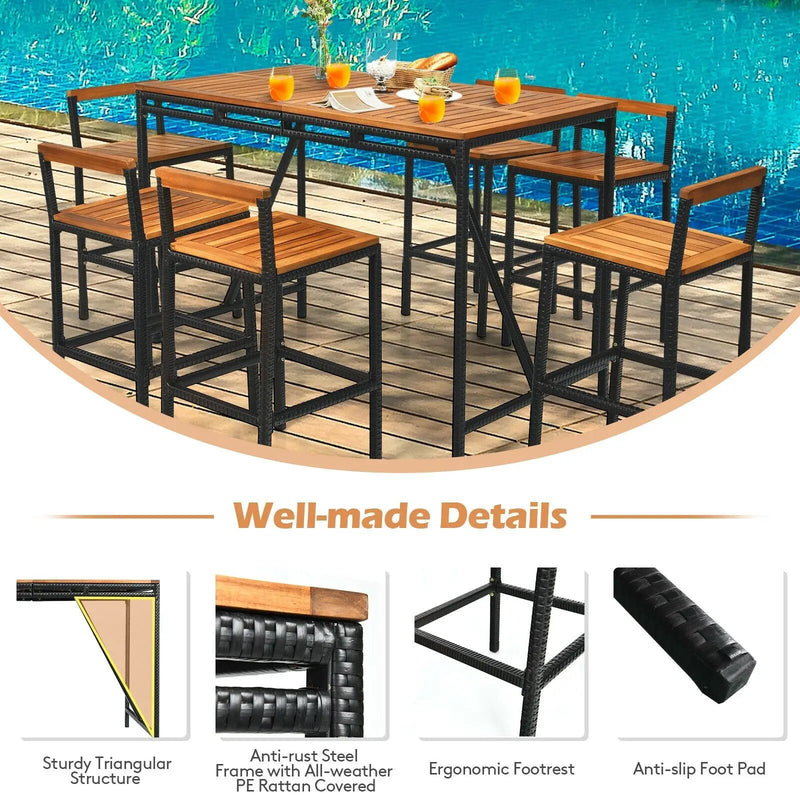 7 Pieces Acacia Wood Patio Rattan Bar Set with Umbrella Hole by DirectDeals