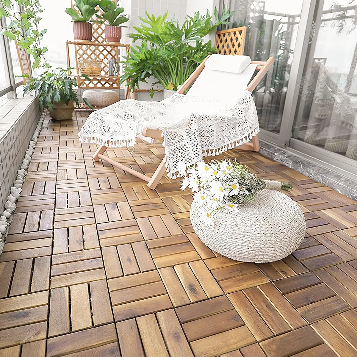 10 Pieces 12 x 12 Inch Acacia Wood Interlocking Check Deck Tiles by DirectDeals