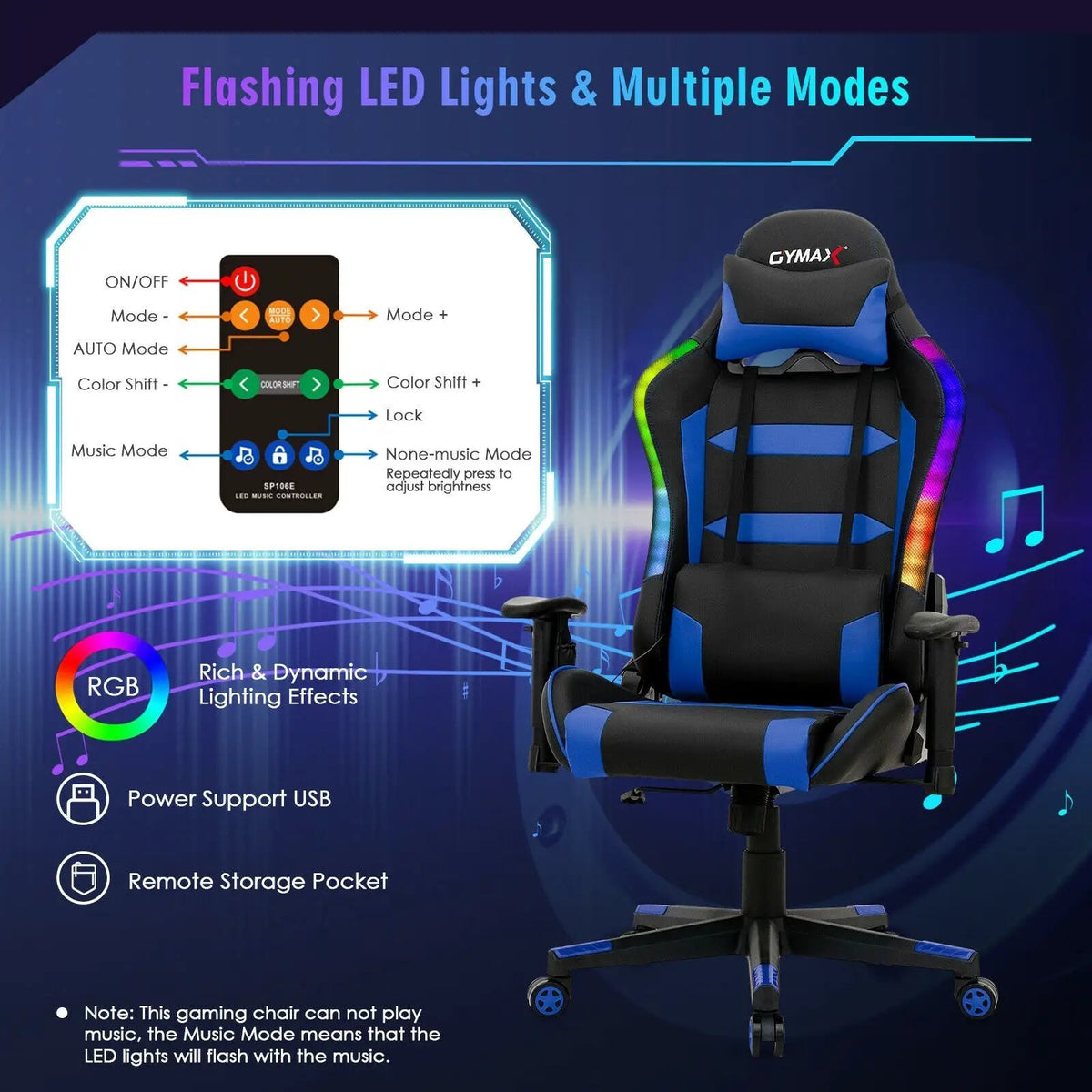 Adjustable Swivel Gaming Chair with LED Lights and Remote, photo 8 of 32