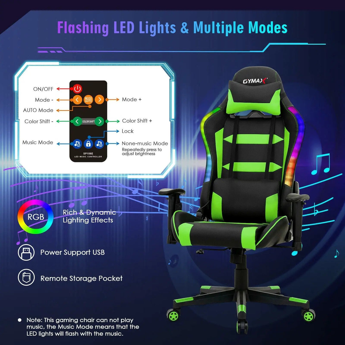 Adjustable Swivel Gaming Chair with LED Lights and Remote, photo 6 of 32