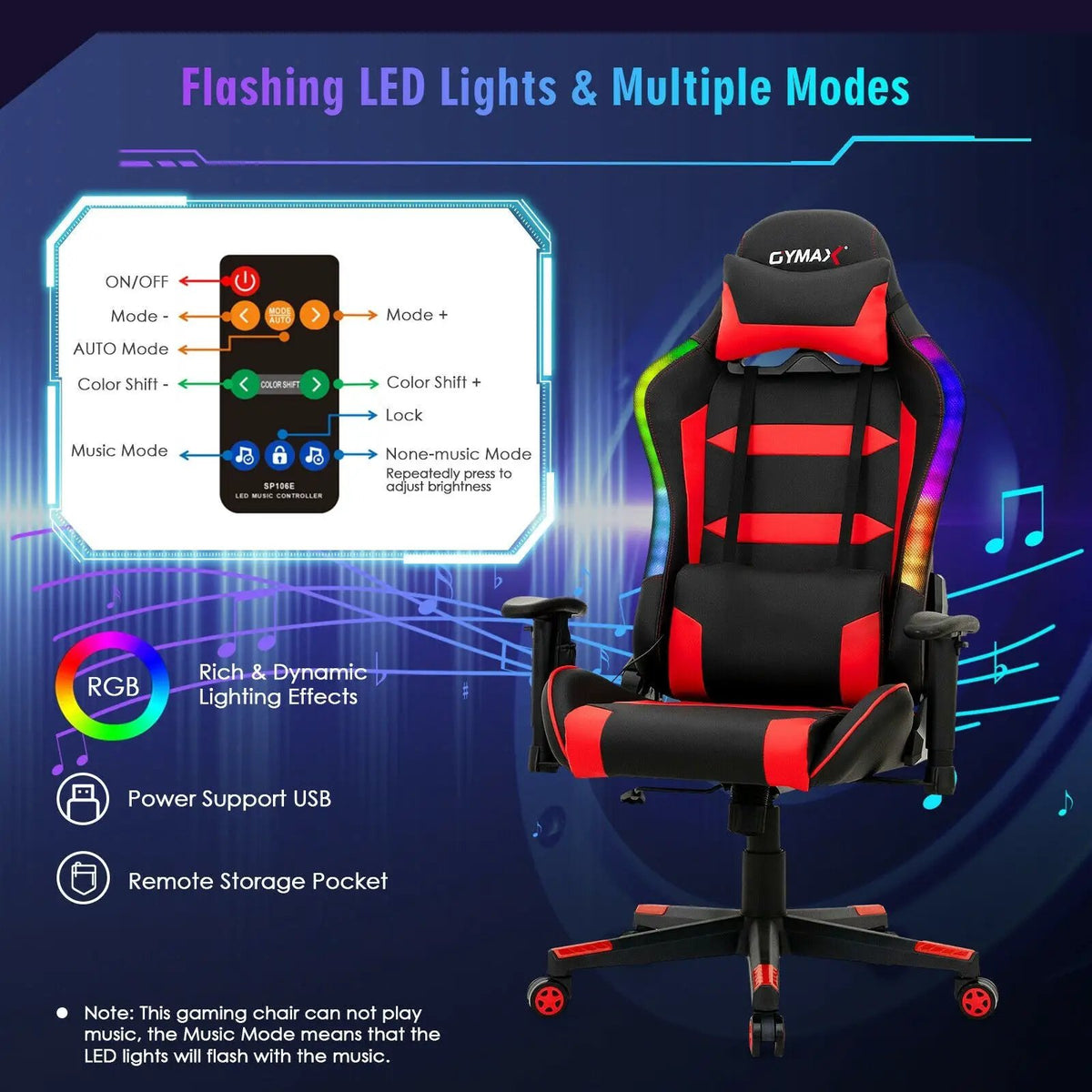 Adjustable Swivel Gaming Chair with LED Lights and Remote, photo 26 of 32