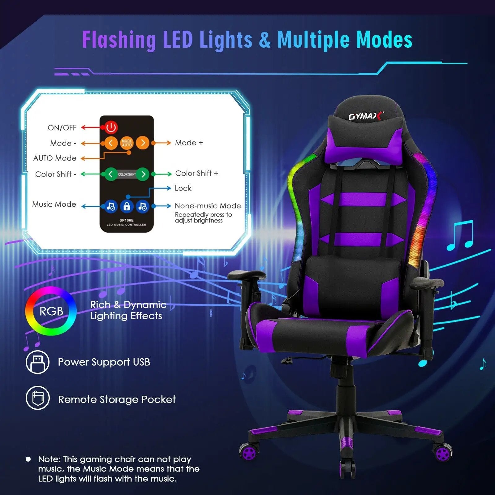 Adjustable Swivel Gaming Chair with LED Lights and Remote by DirectDeals