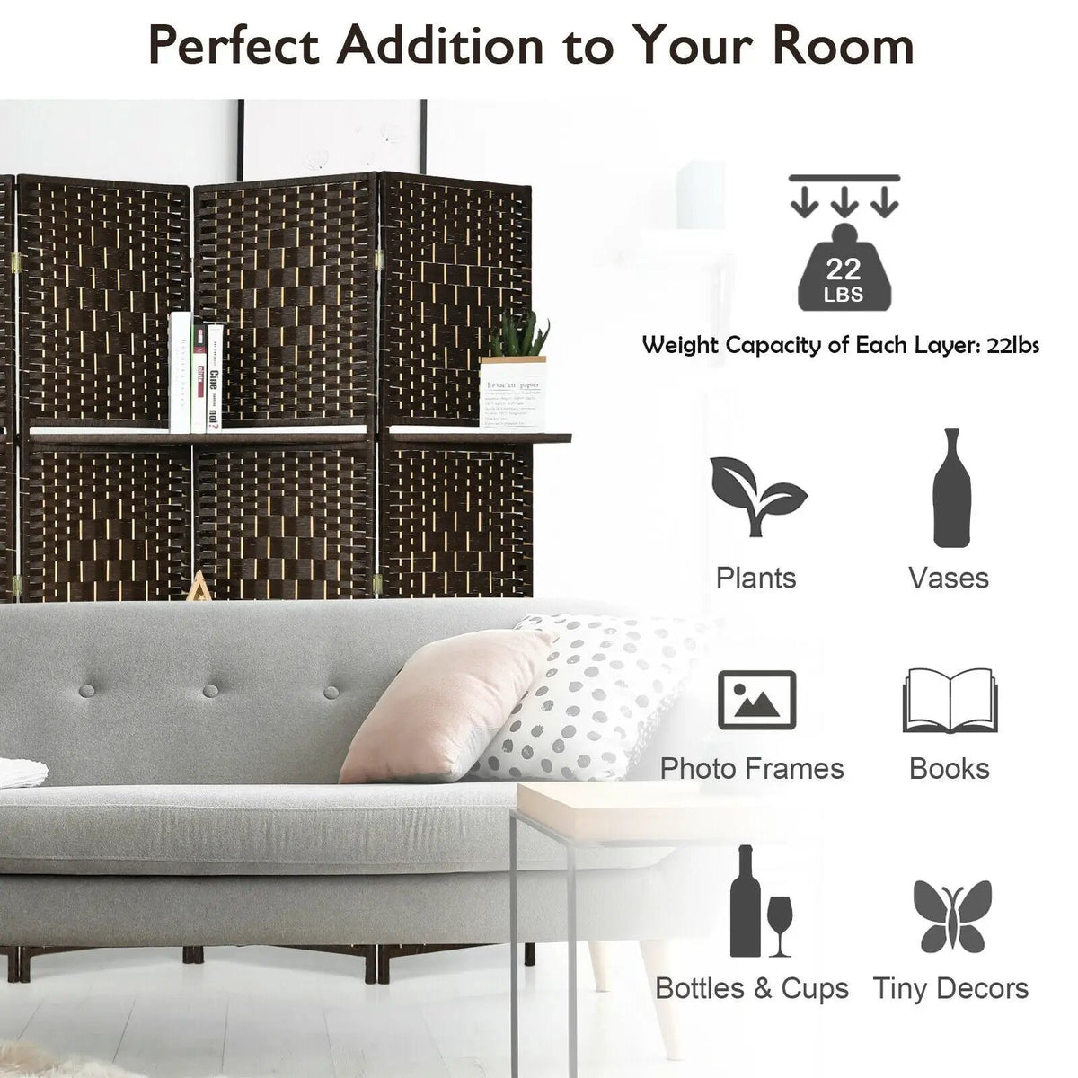 6 Panel Folding Weave Fiber Room Divider with 2 Display Shelves, photo 5 of 9