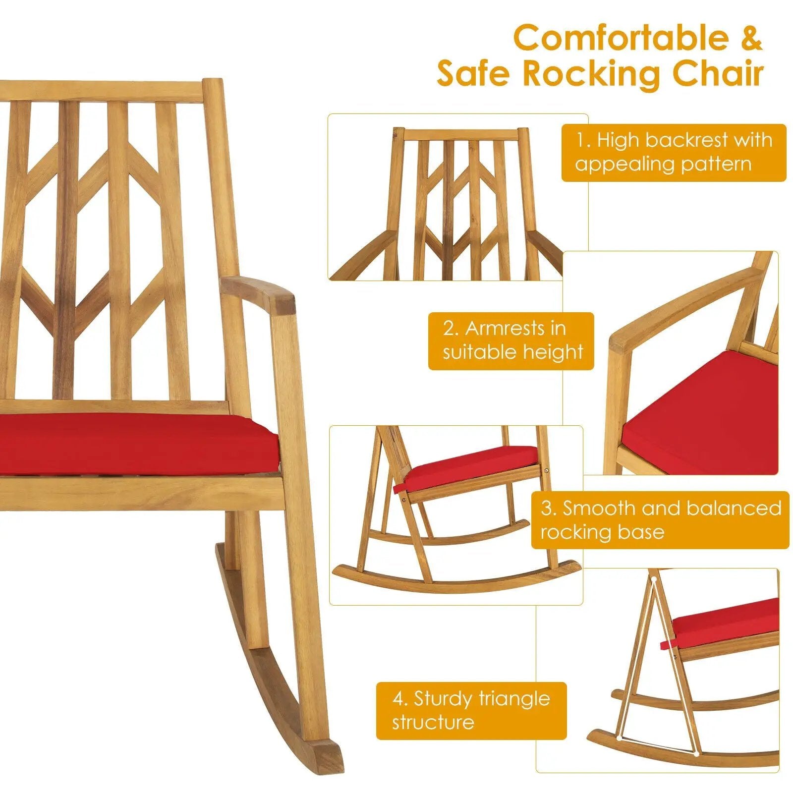 Patio Acacia Wood Rocking Chair Sofa with Armrest and Cushion for Garden and Deck by DirectDeals