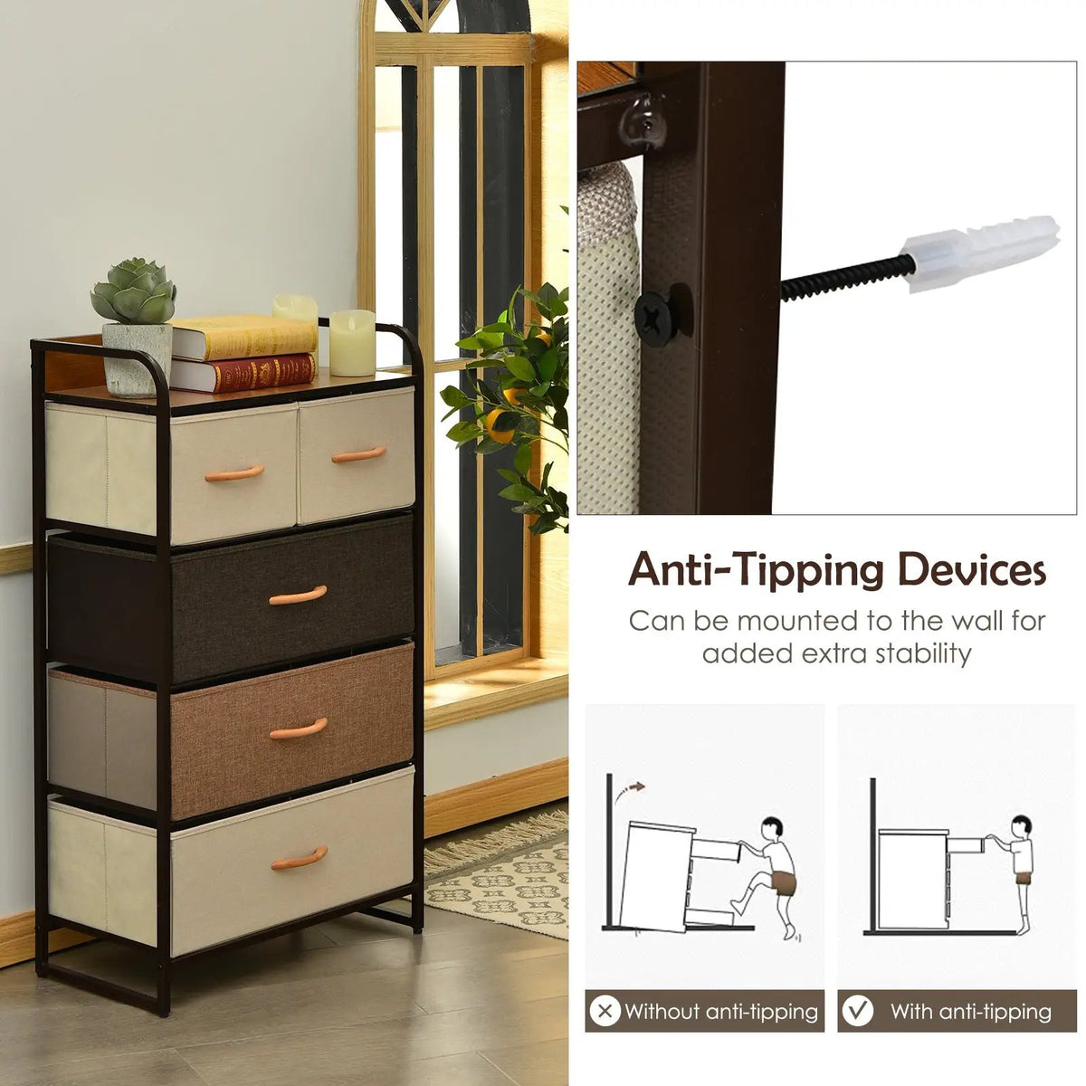 4-Tier Organizer Tower Steel Frame Wooden Top Storage with 5-Drawer Dresser, photo 8 of 9
