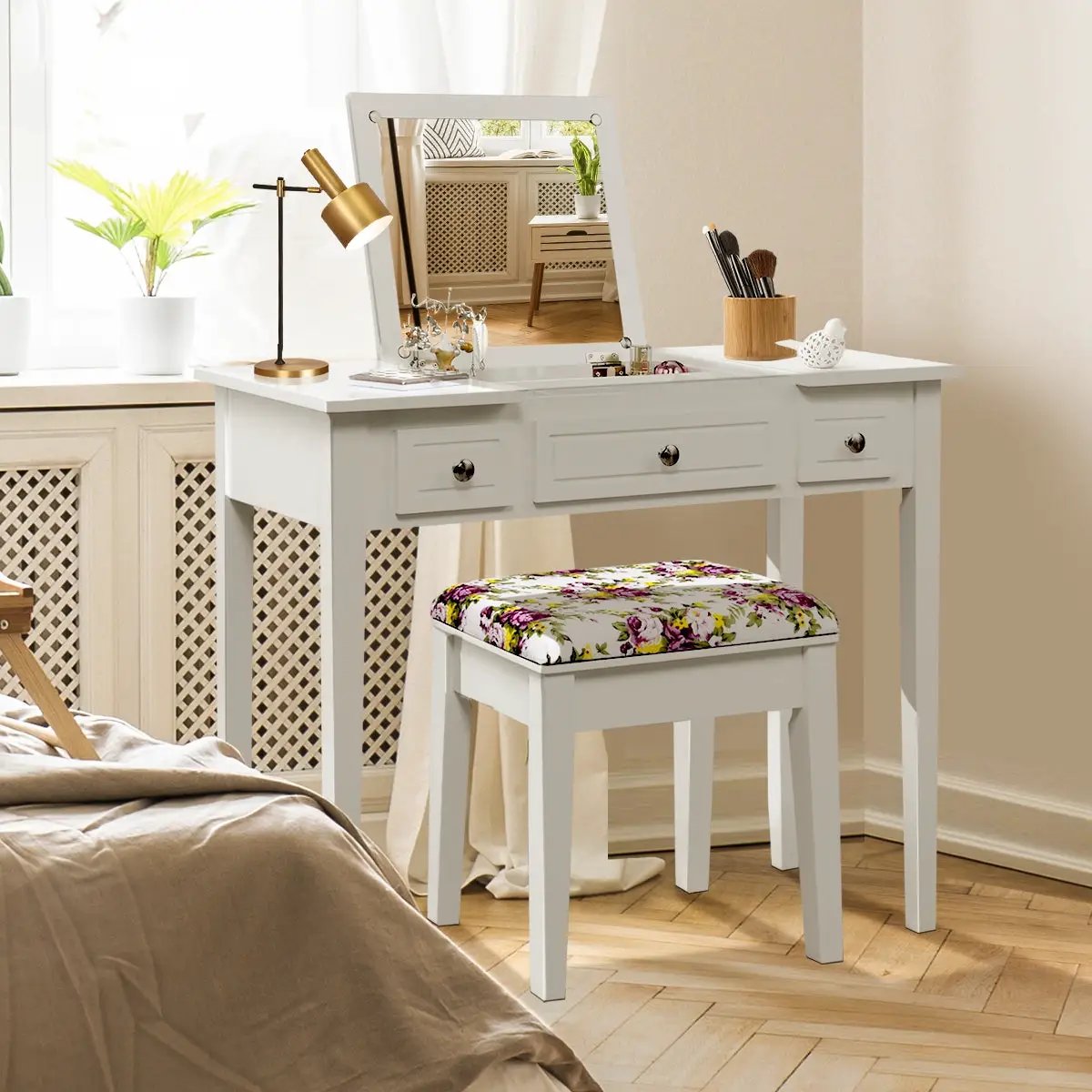 Vanity Dressing Table Set with Flip Top Mirror and 3 Drawers by DirectDeals